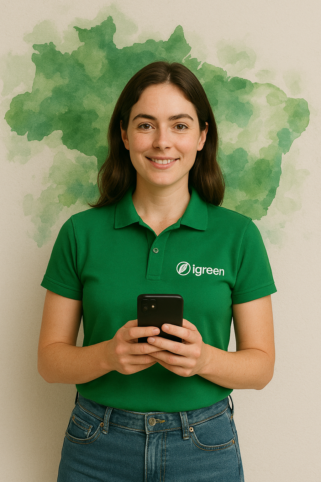 Profissional sorridente segurando celular representando Licenciado iGreen Energy